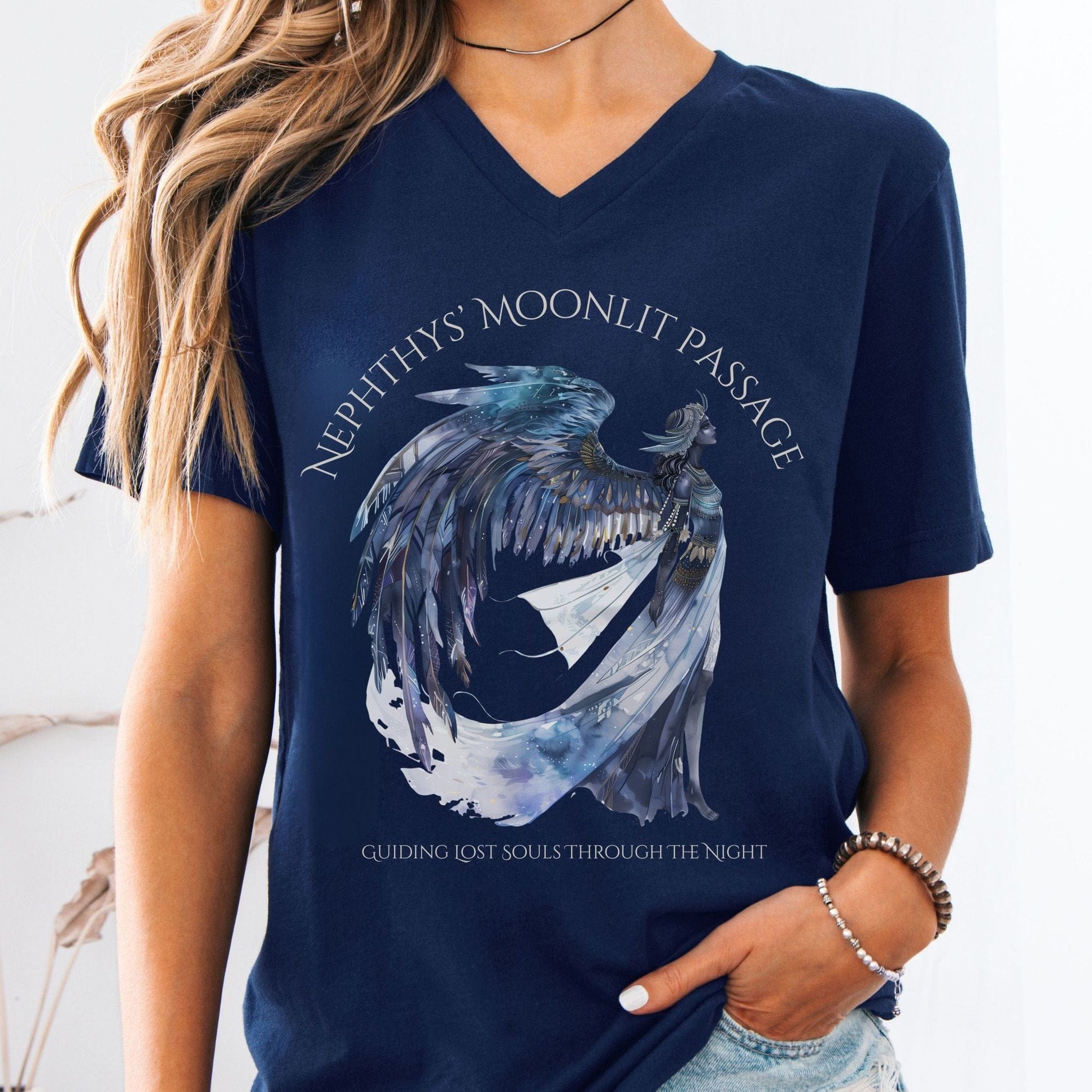 V-neck Navy / S Nephthys' Moonlit Passage Egyptian Mythology V-Neck The Mystic Eden