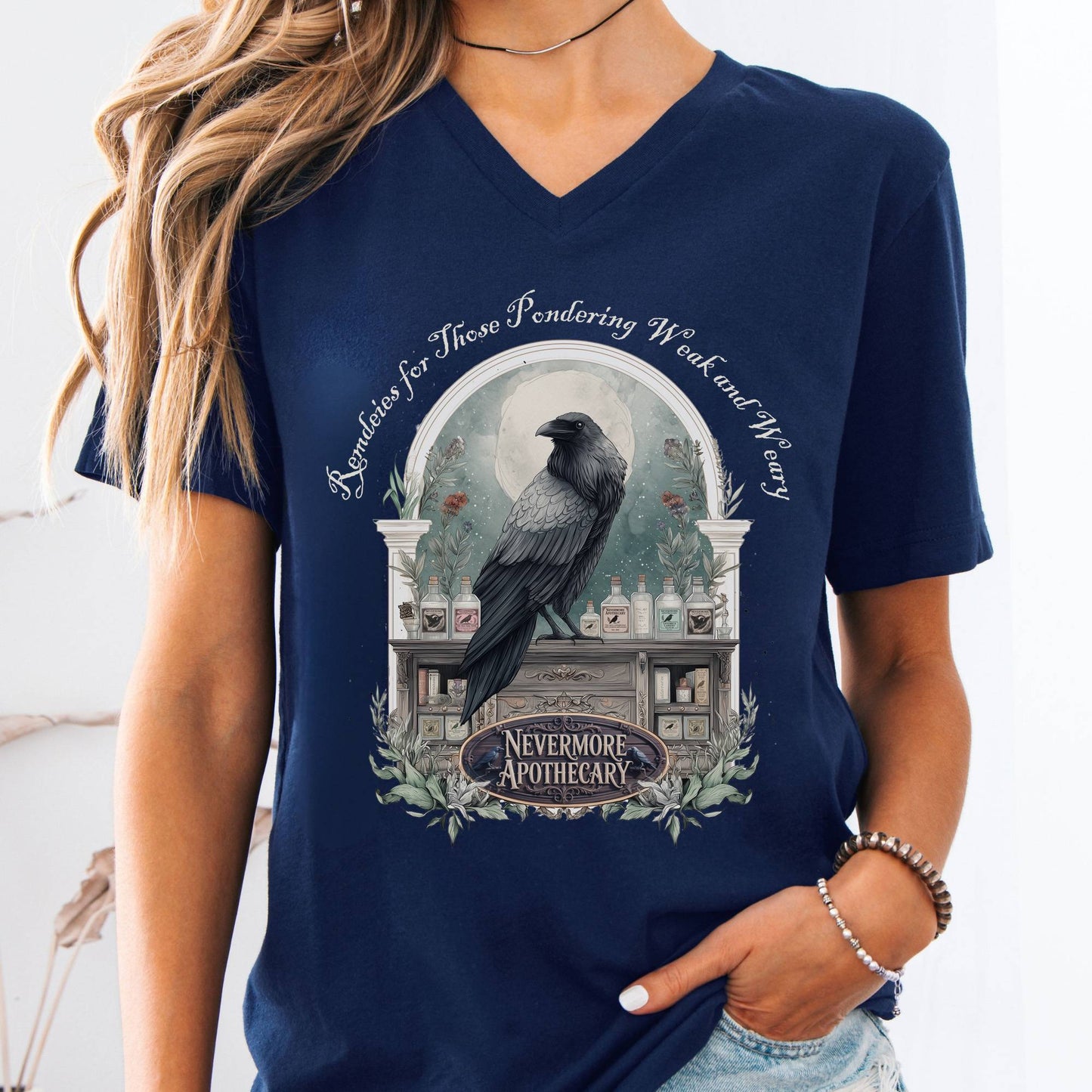 V-neck Navy / S Nevermore Apothecary Edgar Allan Poe V-neck The Mystic Eden