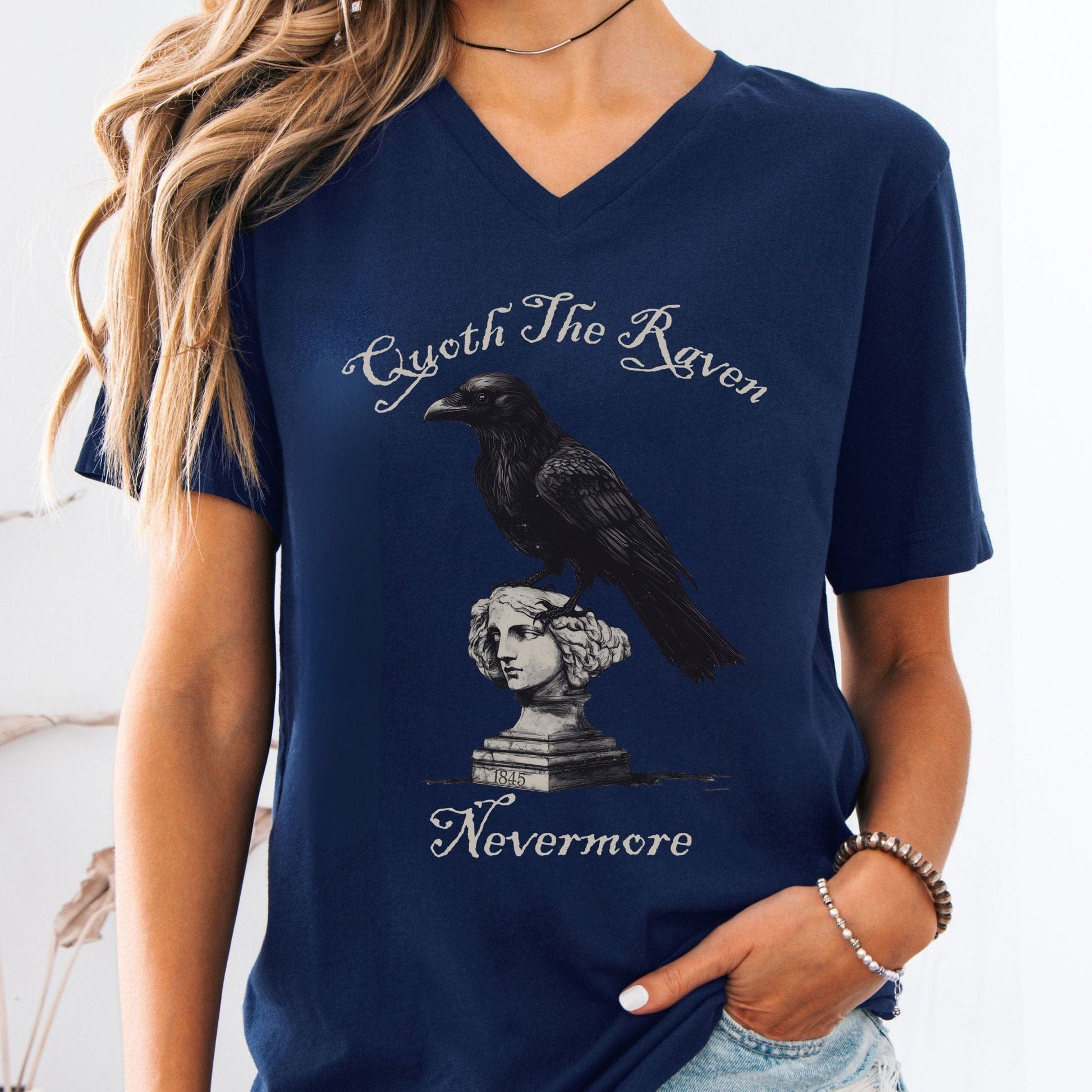 V-neck Navy / S Quoth the Raven Nevermore Edgar Allan Poe V-neck The Mystic Eden
