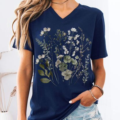 V-neck Navy / S Sage and White Wildflower  V-neck The Mystic Eden