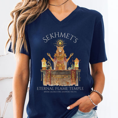 V-neck Navy / S Sekhmet's Eternal Flame Temple Egyptian Mythology V-Neck The Mystic Eden