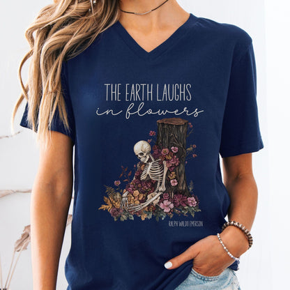 V-neck Navy / S The Earth Laughs in Flowers Ralph Waldo Emerson V-neck The Mystic Eden