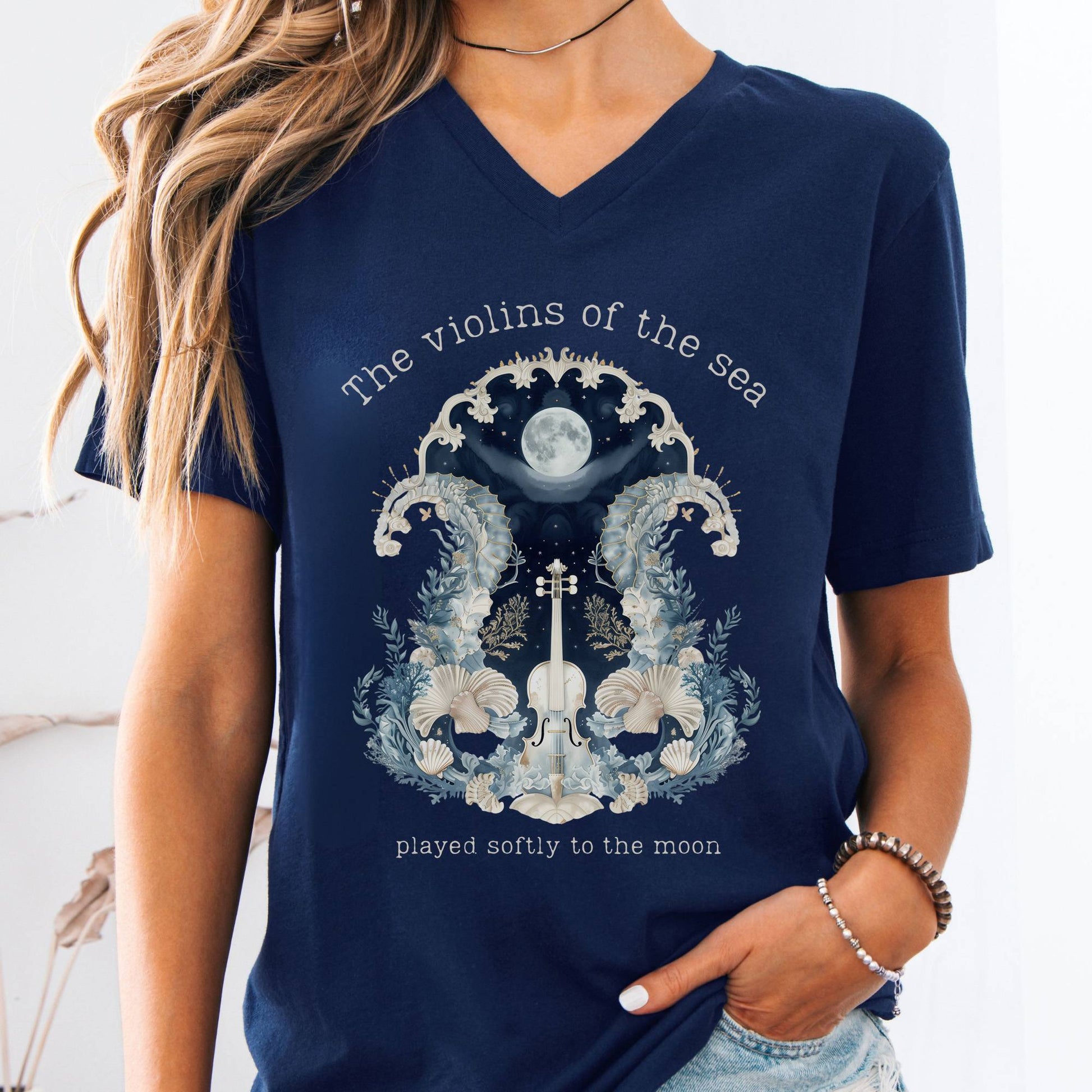 V-neck Navy / S The Violins of the Sea Played Softly to the Moon Poetry V-neck The Mystic Eden