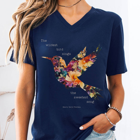 V-neck Navy / S Thoreau V-neck Shirt Where The Wildest Bird Sings The Mystic Eden