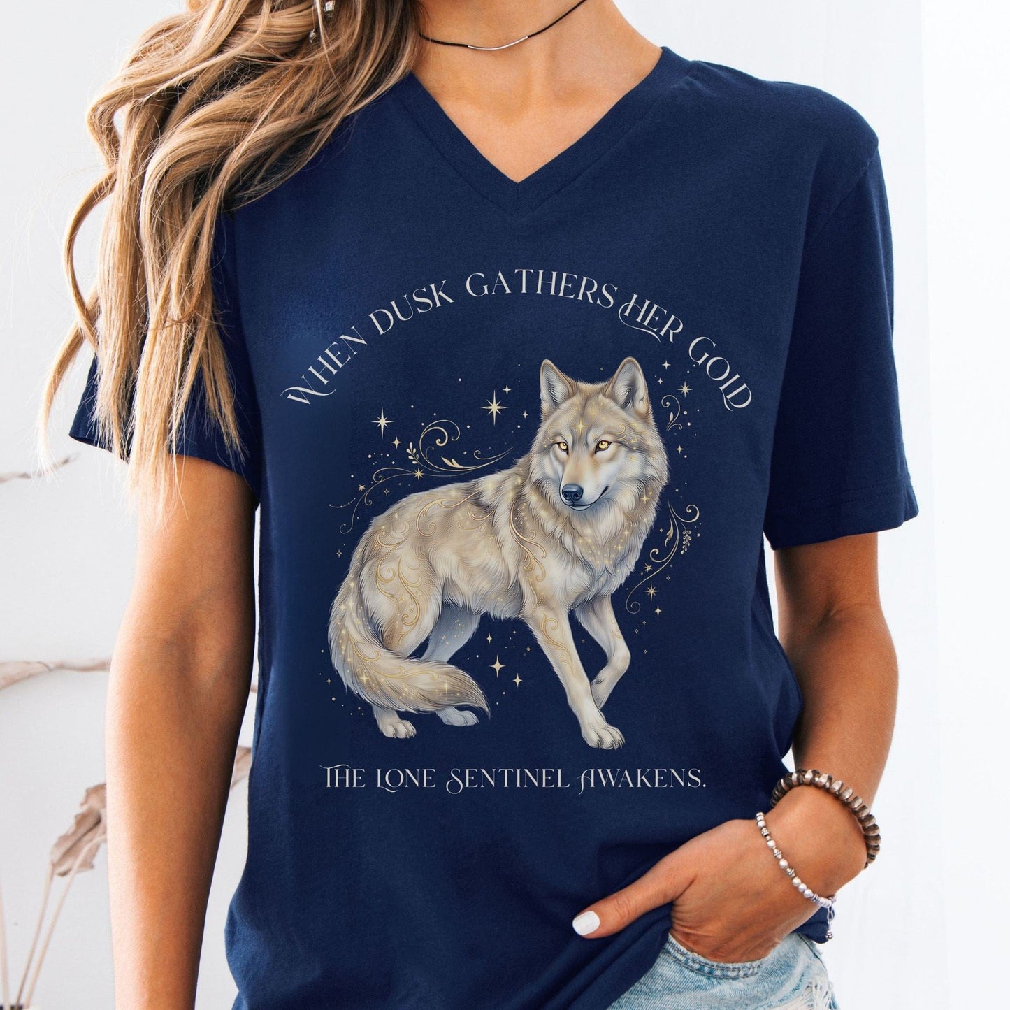 V-neck Navy / S When Dusk Gathers Her Gold Mystical Wolf V-Neck The Mystic Eden