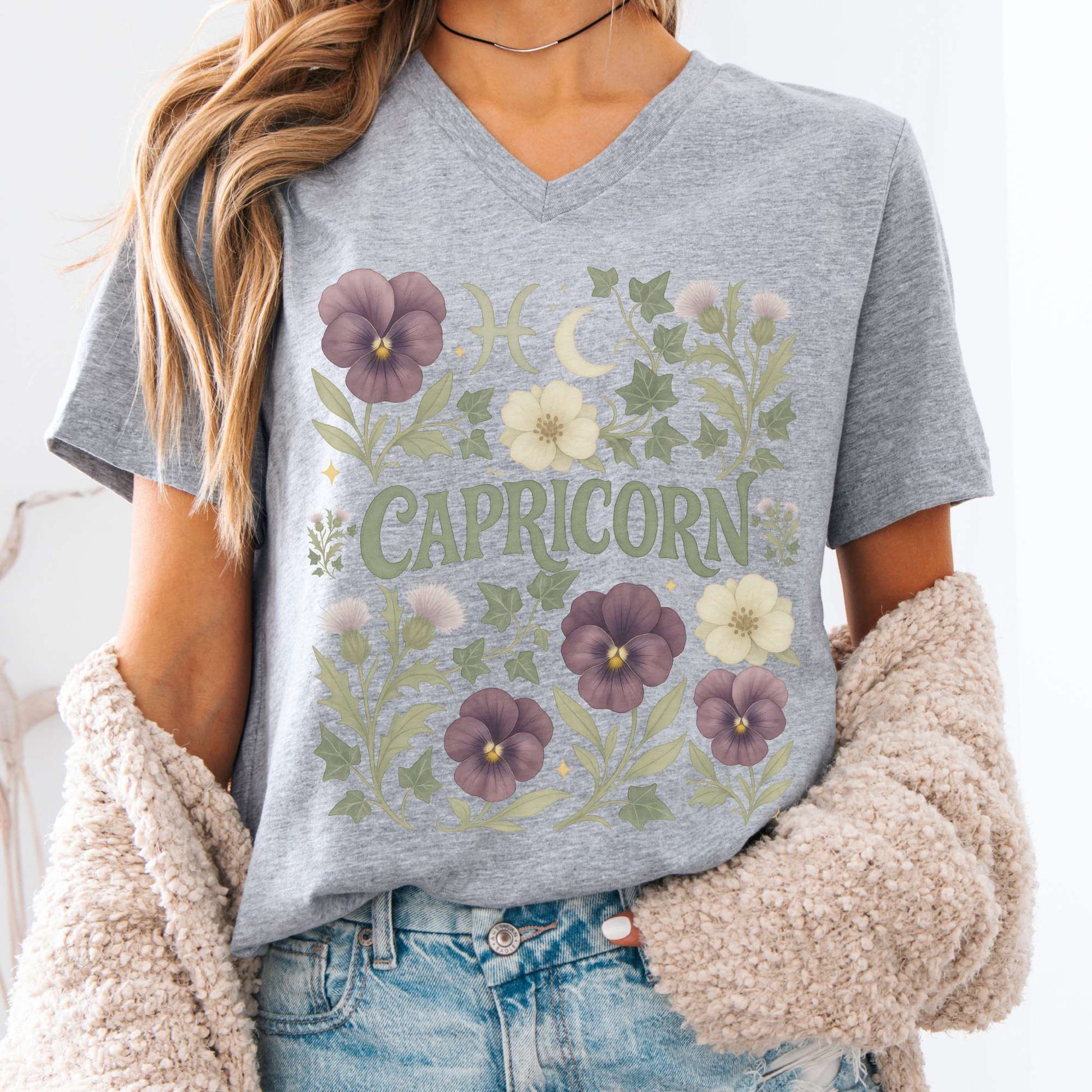 V-neck S / Athletic Heather Capricorn V-Neck T-Shirt – Retro Zodiac Floral Tee The Mystic Eden