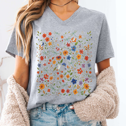 V-neck S / Athletic Heather Dragonfly Meadow V-Neck Tee – Whimsical Floral Tee The Mystic Eden
