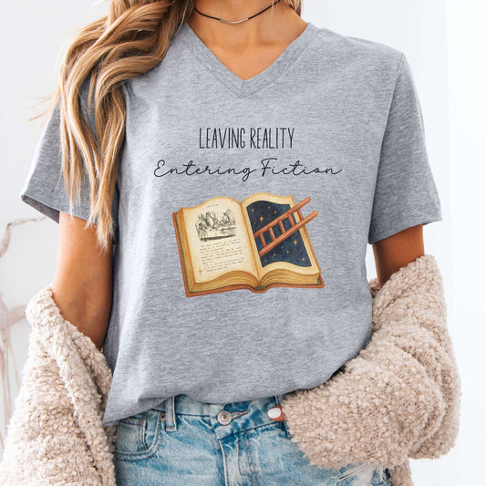 V-neck S / Athletic Heather Entering Fiction V-Neck Tee – Literary Escape Tee The Mystic Eden