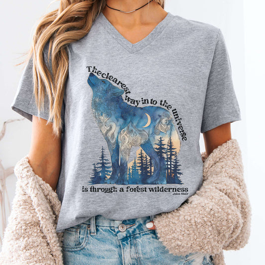 V-neck S / Athletic Heather Forest Wilderness Wolf V-Neck Tee – Nature Quote Tee The Mystic Eden