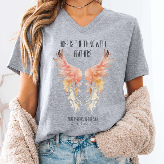 V-neck S / Athletic Heather Hope is the Thing With Feathers Emily Dickinson V-Neck Tee – Literary Wings Tee The Mystic Eden