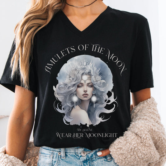 V-neck S / Black Amulets of the Moon V-Neck Tee – Celestial Goddess Tee The Mystic Eden