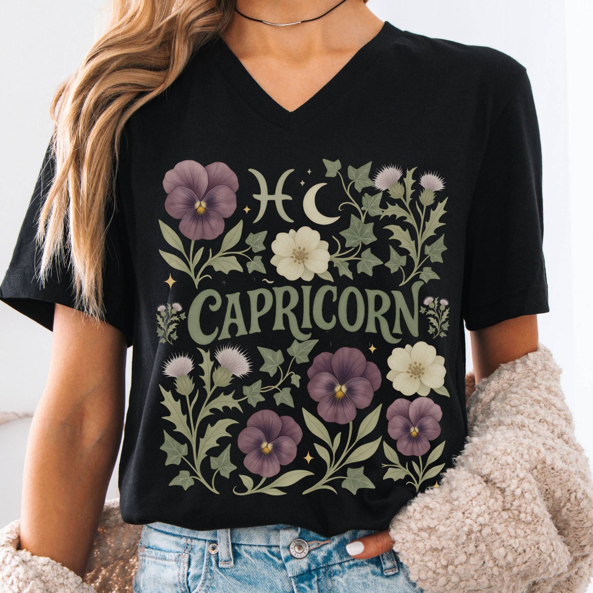 V-neck S / Black Capricorn V-Neck T-Shirt – Retro Zodiac Floral Tee The Mystic Eden