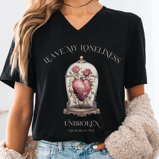 V-neck S / Black Leave My Loneliness Unbroken V-Neck Tee – Poe Gothic Romance Tee The Mystic Eden