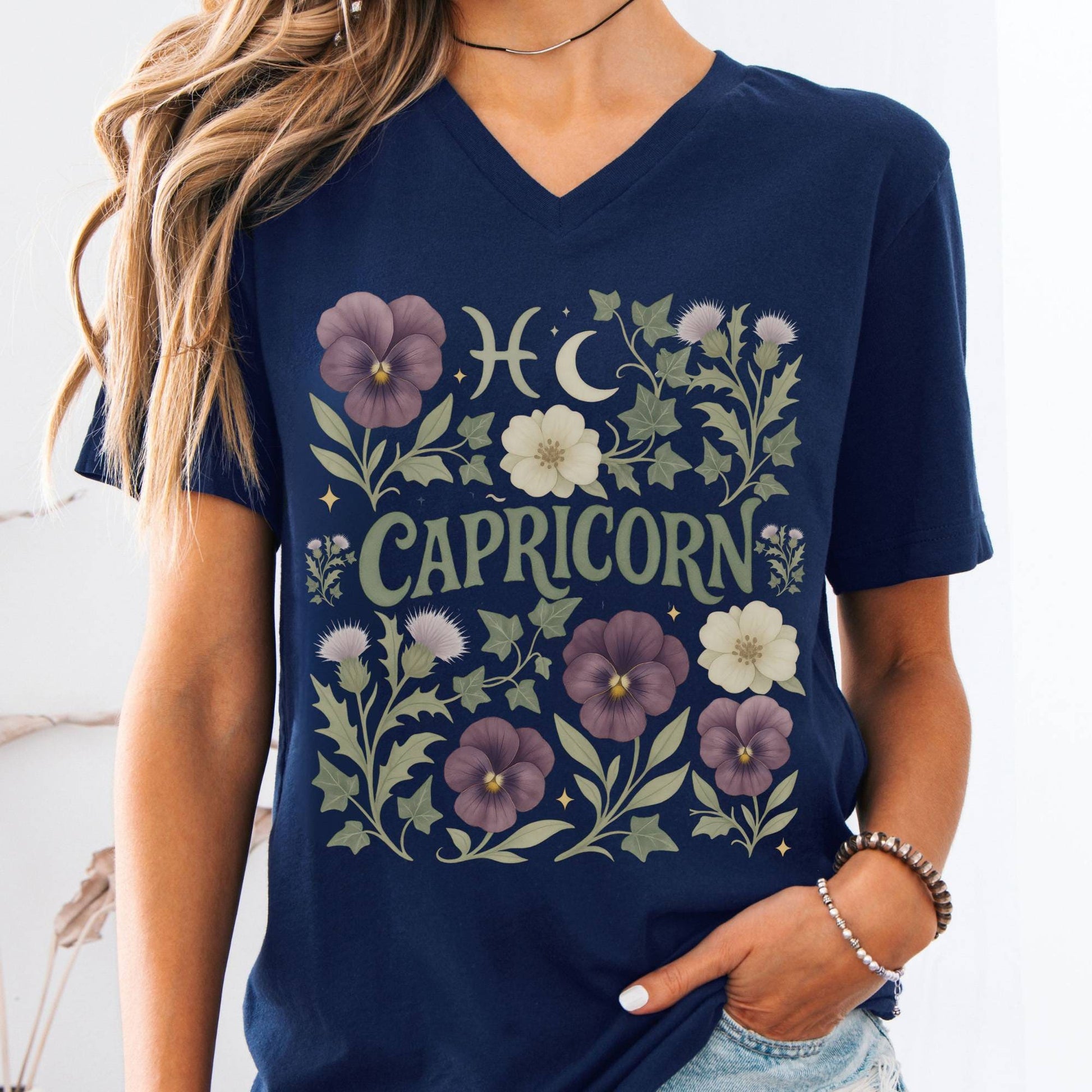 V-neck S / Navy Capricorn V-Neck T-Shirt – Retro Zodiac Floral Tee The Mystic Eden