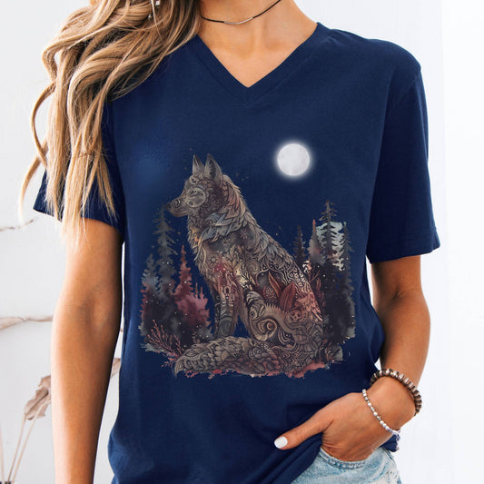 V-neck S / Navy Nightfall Wolf V-Neck Tee – Mystical Forestcore Tee The Mystic Eden