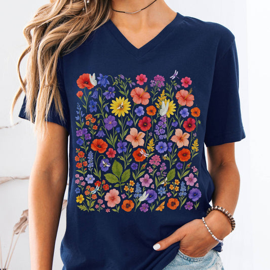 V-neck S / Navy Wildflower Bloom V-Neck Tee – Vibrant Floral Cottagecore Tee The Mystic Eden