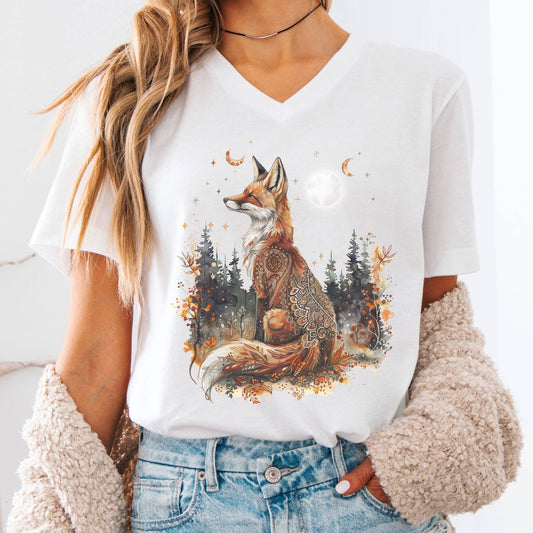 V-neck S / White Autumn Fox V-Neck Tee – Cozy Cottagecore Animal Tee The Mystic Eden