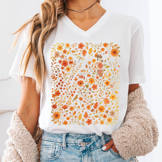 V-neck S / White Autumn Wildflower V-Neck Tee – Cottagecore Floral Tee The Mystic Eden