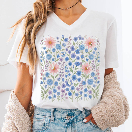 V-neck S / White Blue Wildflower V-Neck Tee – Soft Cottagecore Garden Tee The Mystic Eden