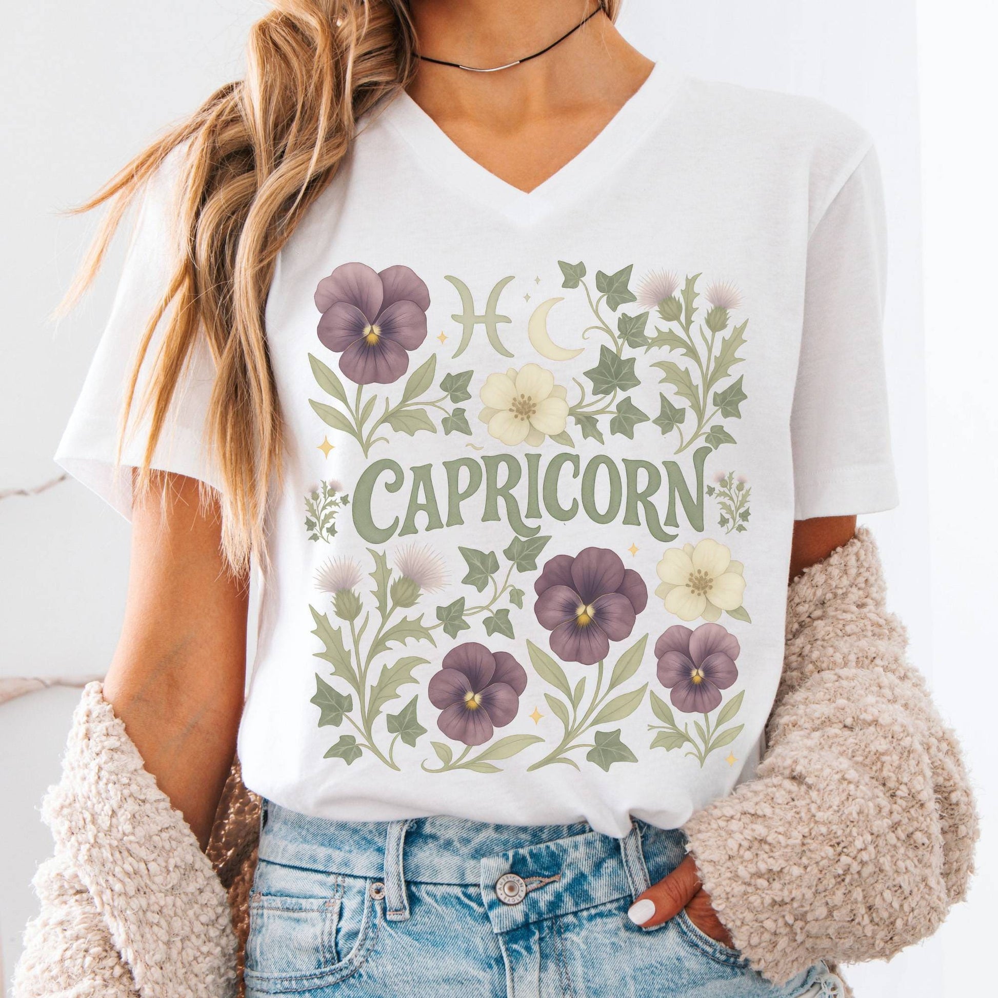 V-neck S / White Capricorn V-Neck T-Shirt – Retro Zodiac Floral Tee The Mystic Eden