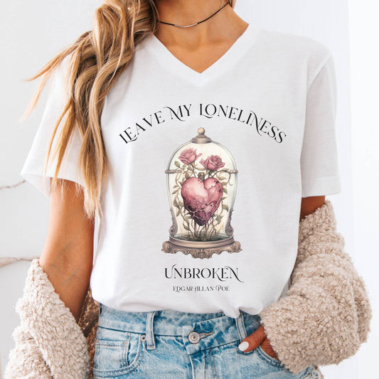 V-neck S / White Leave My Loneliness Unbroken V-Neck Tee – Poe Gothic Romance Tee The Mystic Eden