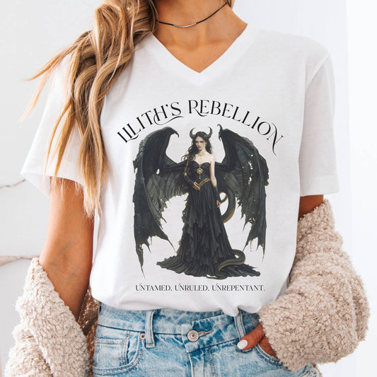 V-neck S / White Lilith's Rebellion V-Neck Tee – Dark Divine Feminine Tee The Mystic Eden