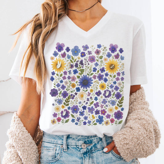 V-neck S / White Sunflower Garden V-Neck Tee – Vibrant Bloom Tee The Mystic Eden