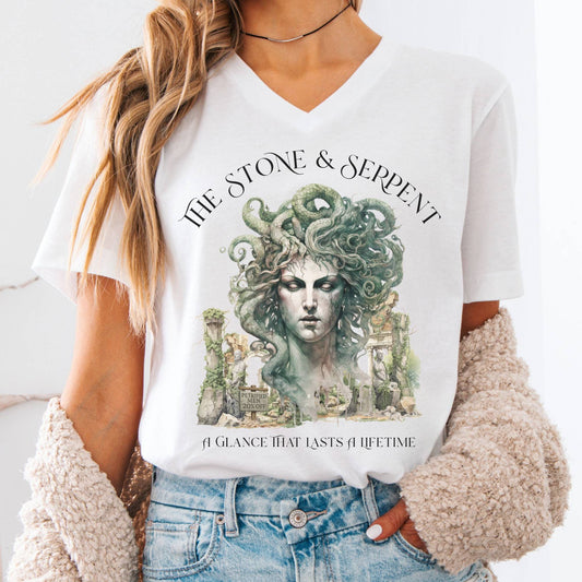 V-neck S / White The Stone & Serpent V-Neck Tee – Medusa Mythology Tee The Mystic Eden