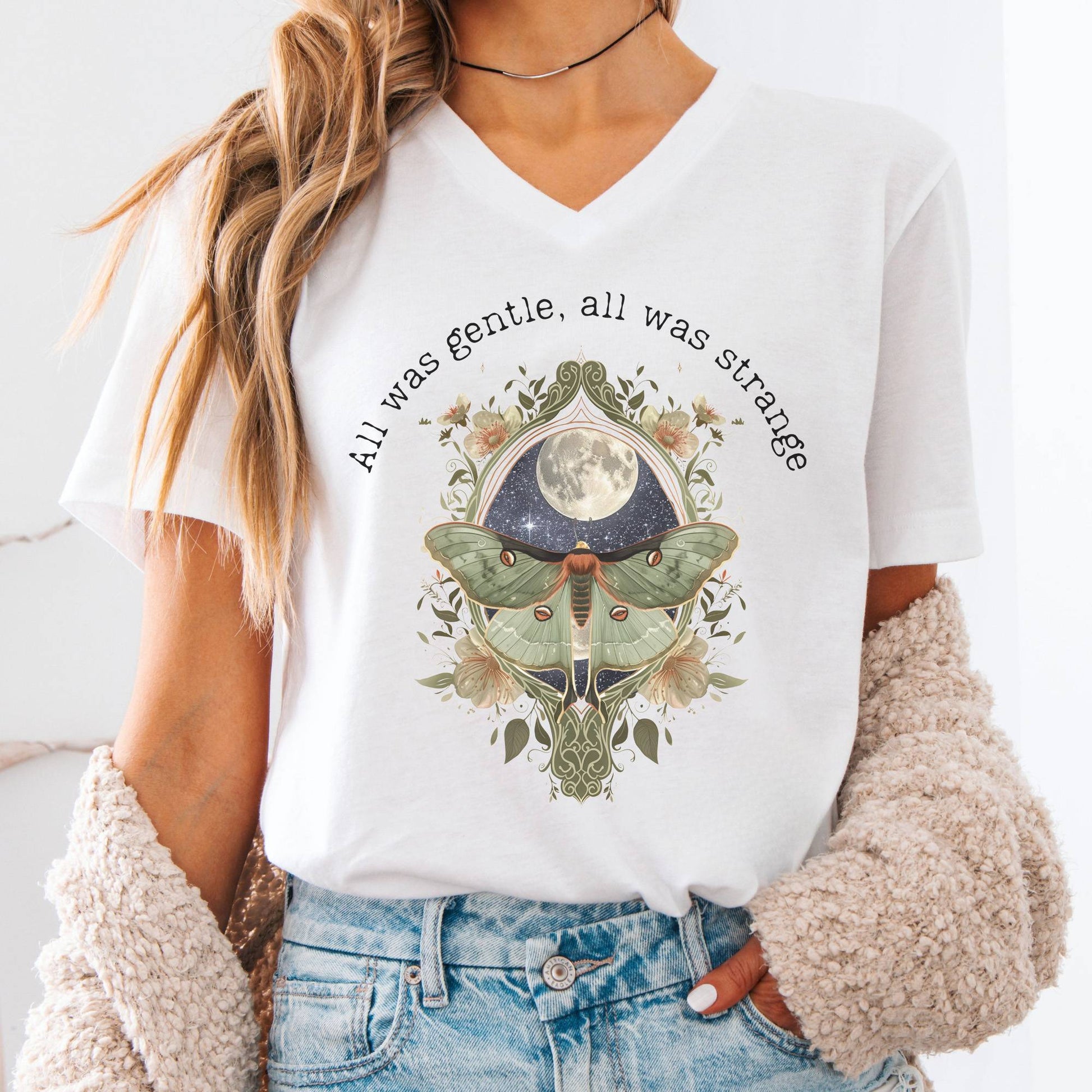 V-neck White / S All Was Gentle All Was Strange Edgar Allan Poe V-neck The Mystic Eden