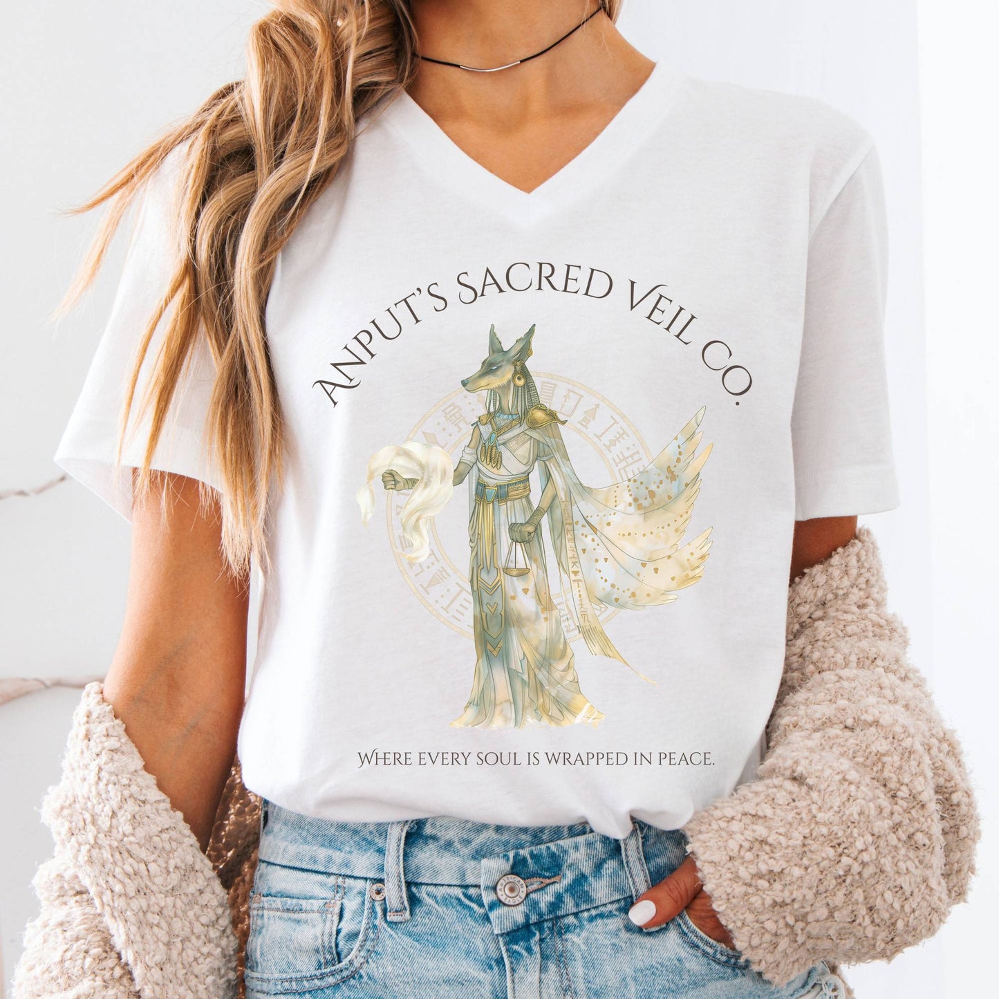V-neck White / S Anput's Sacred Veil Co Egyptian Mythology V-Neck The Mystic Eden