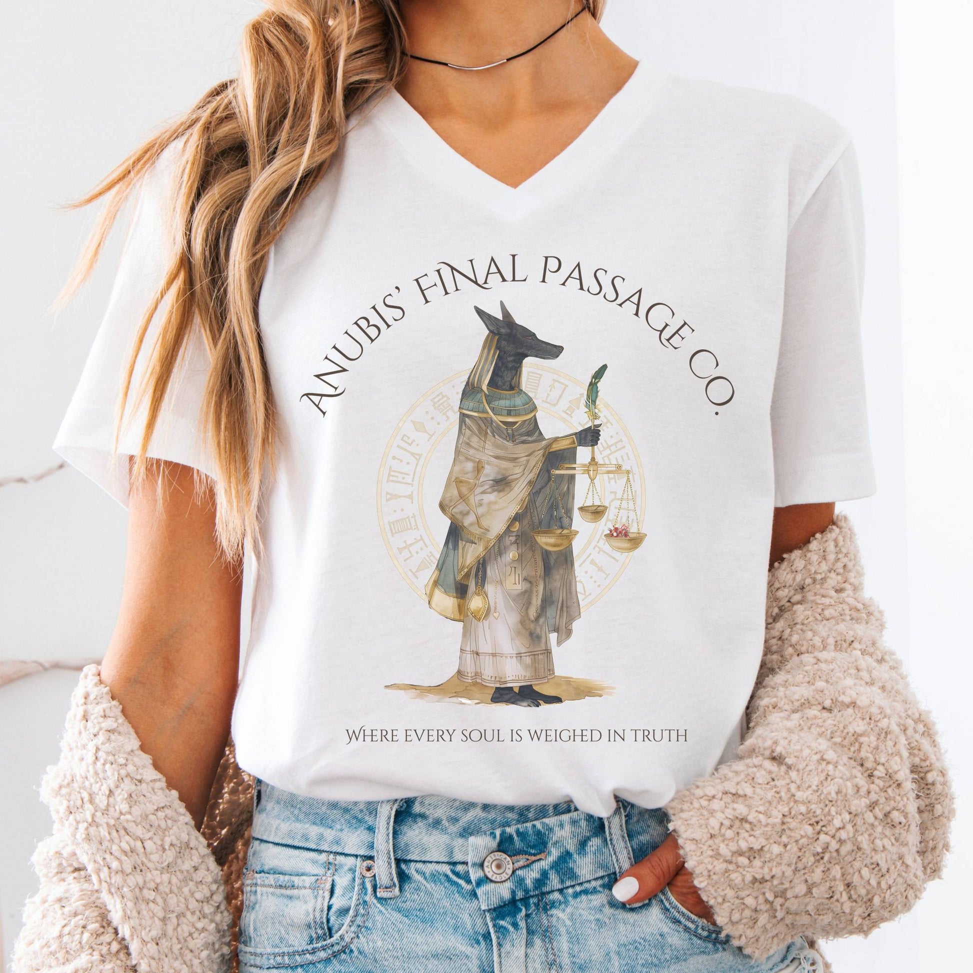 V-neck White / S Anubis' Final Passage Co Egyptian Mythology V-neck The Mystic Eden