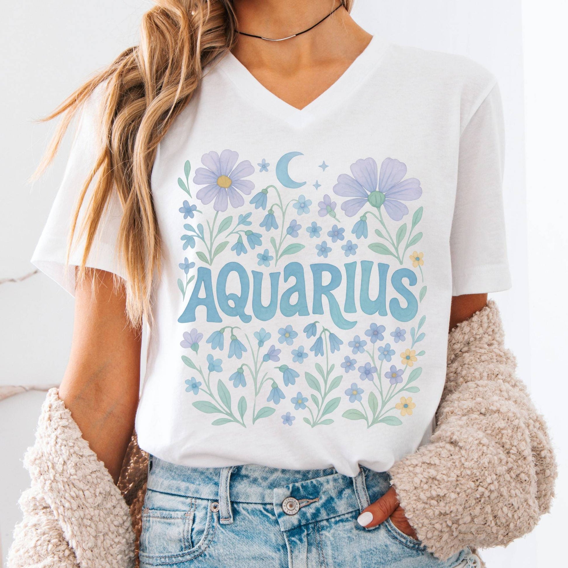 V-neck White / S Aquarius V-Neck T-Shirt – Retro Zodiac Floral Tee The Mystic Eden