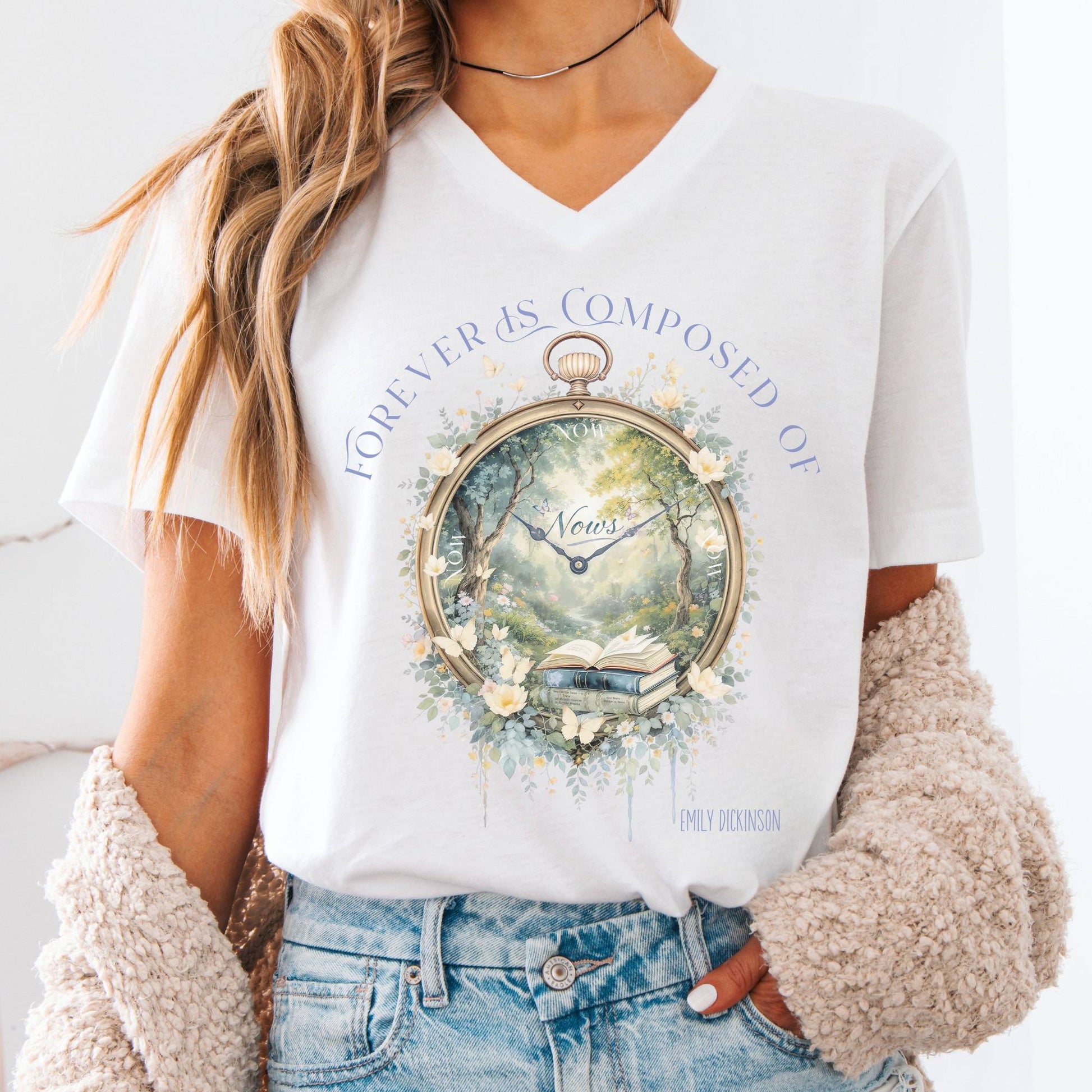 V-neck White / S Forever Is Composed of Nows Emily Dickinson V-neck The Mystic Eden