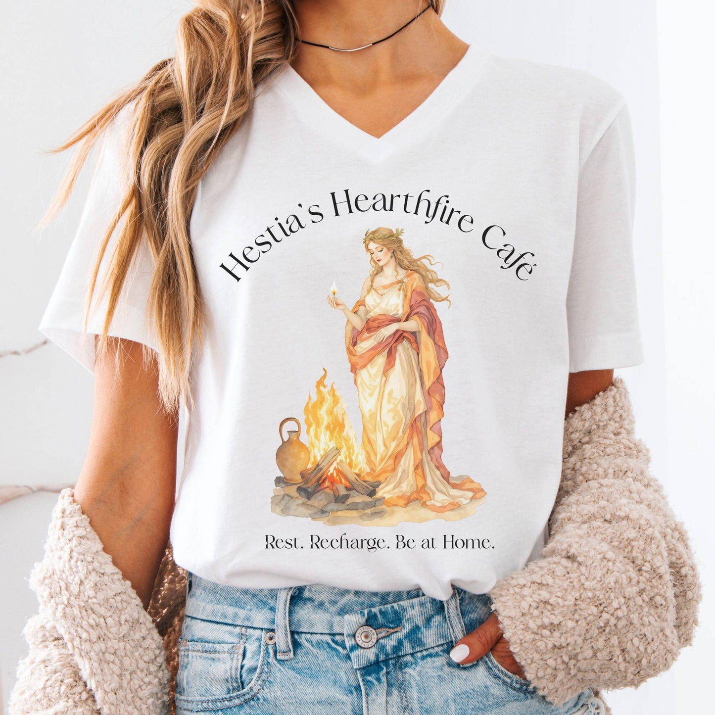 V-neck White / S Hestia’s Hearthfire Café Mythology V-neck The Mystic Eden