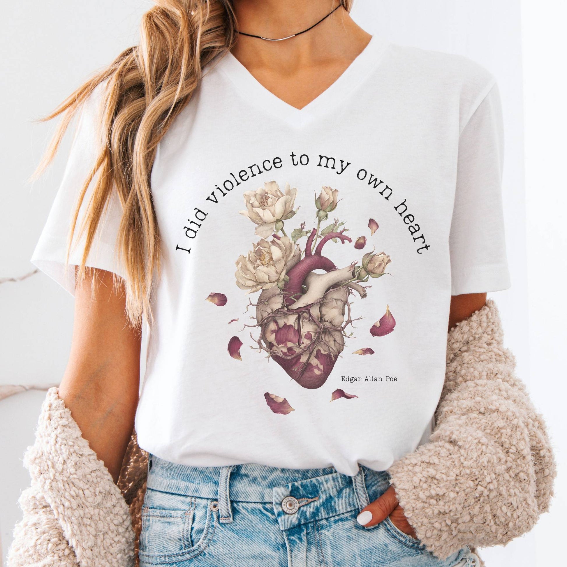 V-neck White / S I Did Violence to My Own Heart Edgar Allan Poe V-neck The Mystic Eden