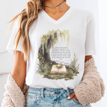 V-neck White / S I Went to the Woods Henry David Thoreau V-neck The Mystic Eden