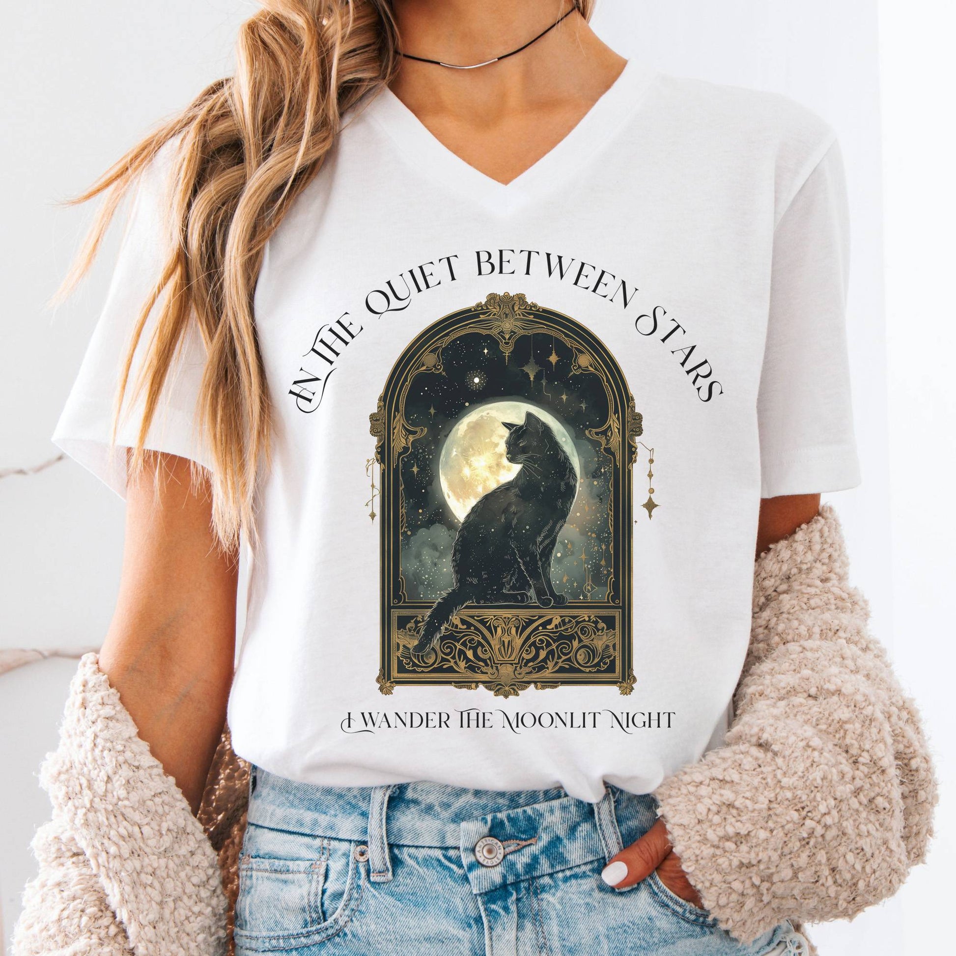 V-neck White / S In the Quiet Between Stars Moonlit Cat V-Neck The Mystic Eden