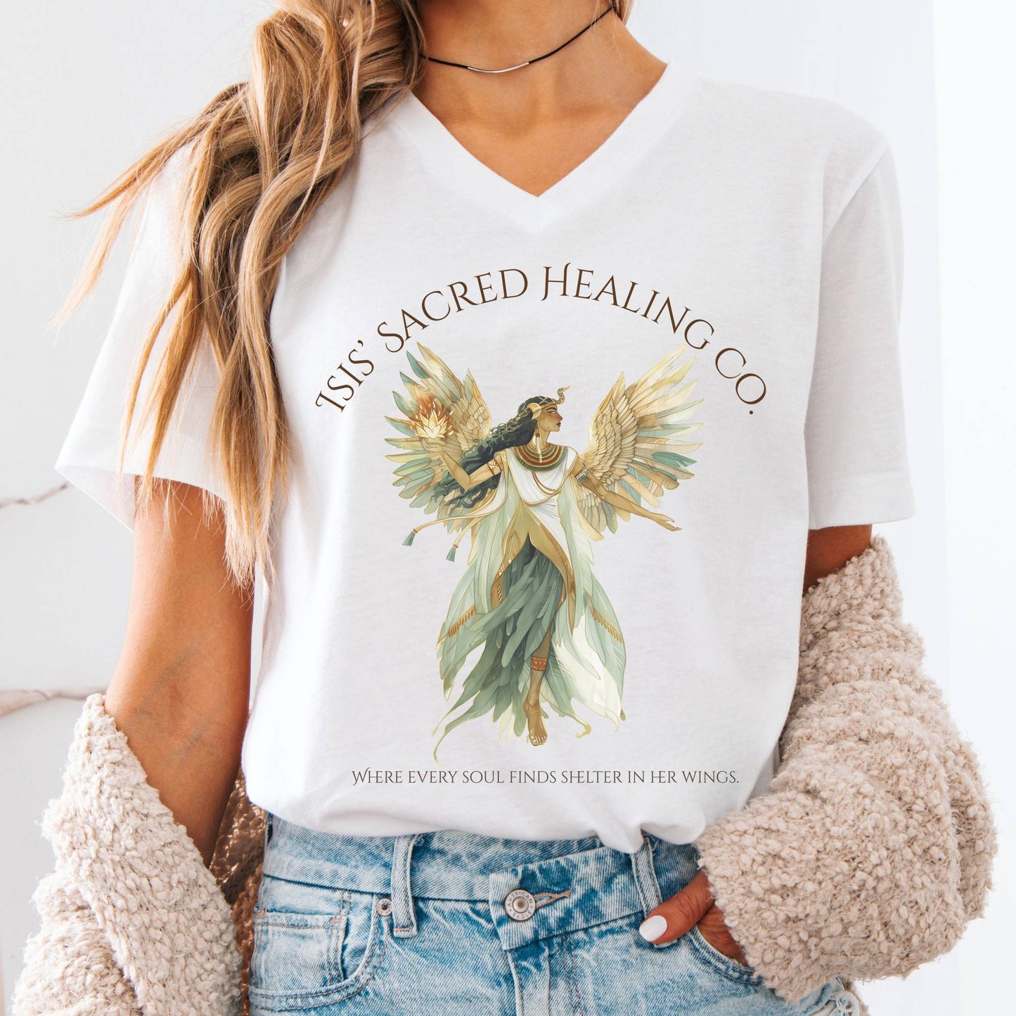 V-neck White / S Isis' Sacred Healing Co Egyptian Mythology V-Neck The Mystic Eden