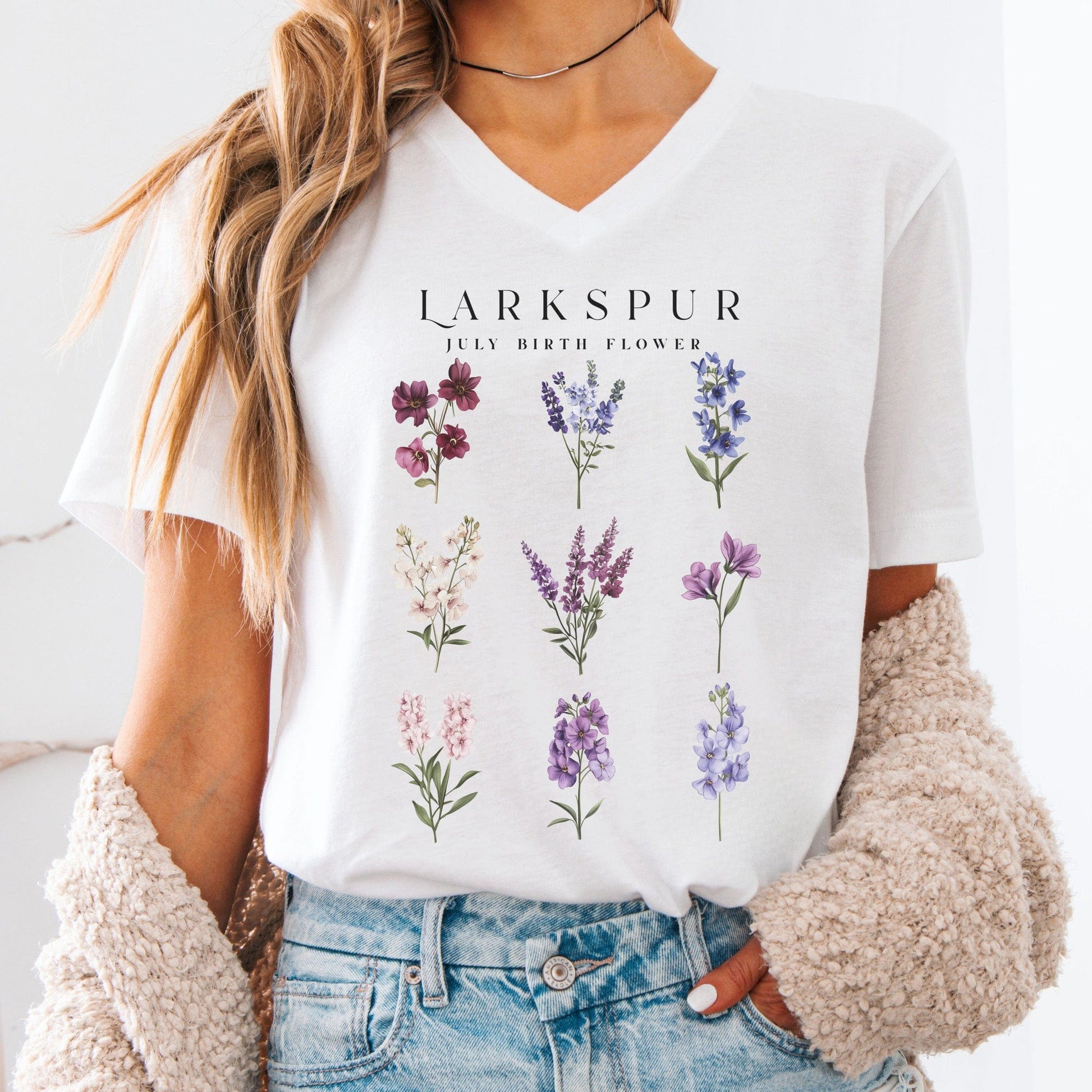 V-neck White / S Larkspur July Birth Month Flower V-Neck Tee The Mystic Eden