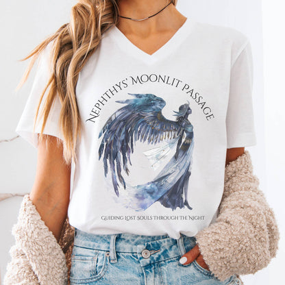 V-neck White / S Nephthys' Moonlit Passage Egyptian Mythology V-Neck The Mystic Eden