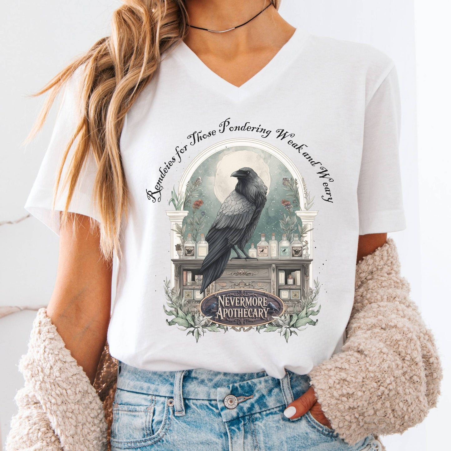V-neck White / S Nevermore Apothecary Edgar Allan Poe V-neck The Mystic Eden