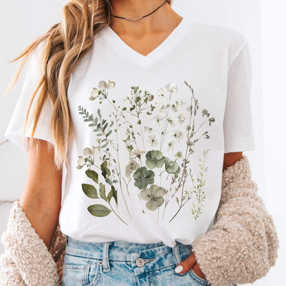 V-neck White / S Sage and White Wildflower  V-neck The Mystic Eden