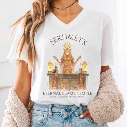 V-neck White / S Sekhmet's Eternal Flame Temple Egyptian Mythology V-Neck The Mystic Eden