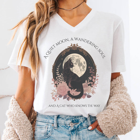 V-neck White / S The Cat Who Knows the Way Poetry V-neck The Mystic Eden