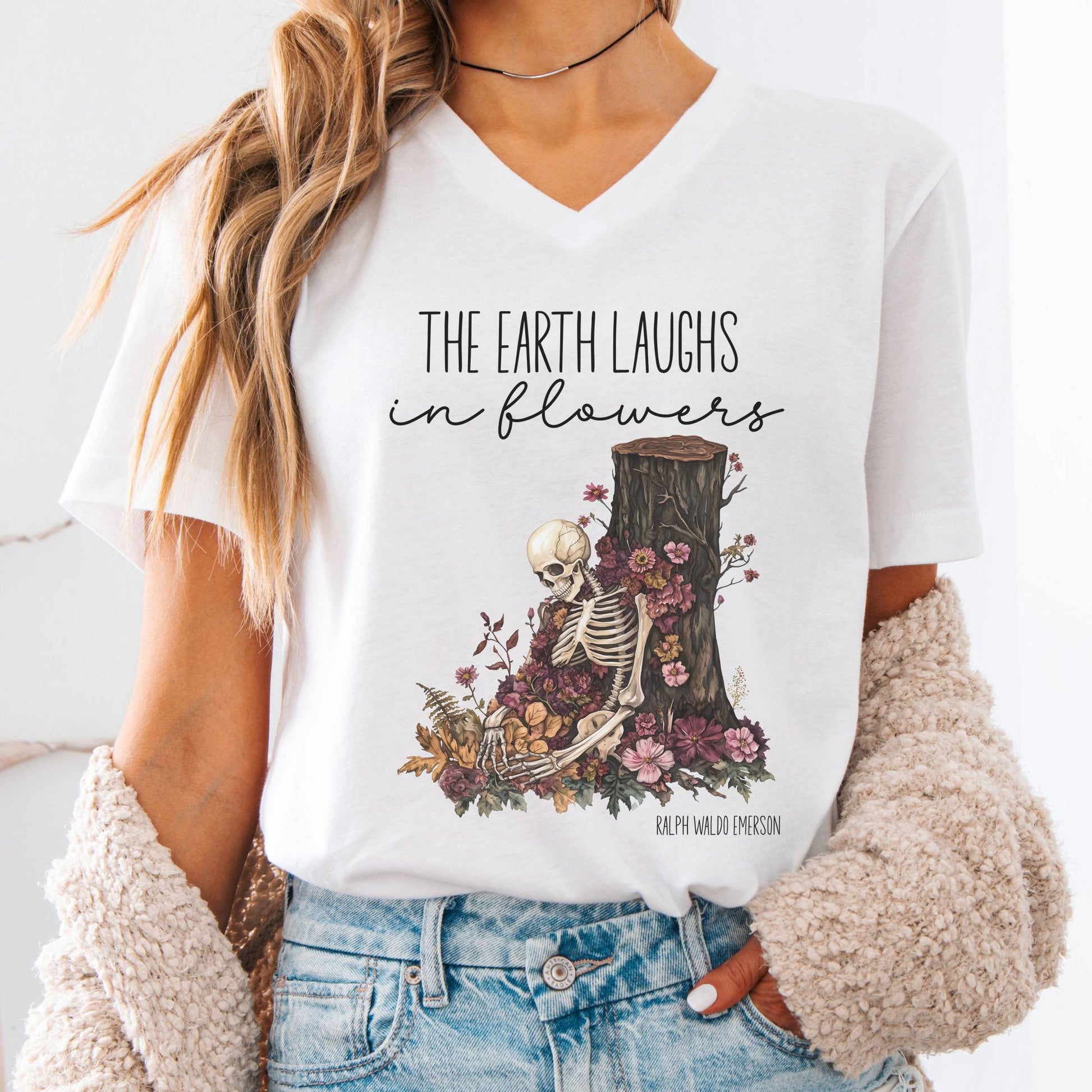V-neck White / S The Earth Laughs in Flowers Ralph Waldo Emerson V-neck The Mystic Eden
