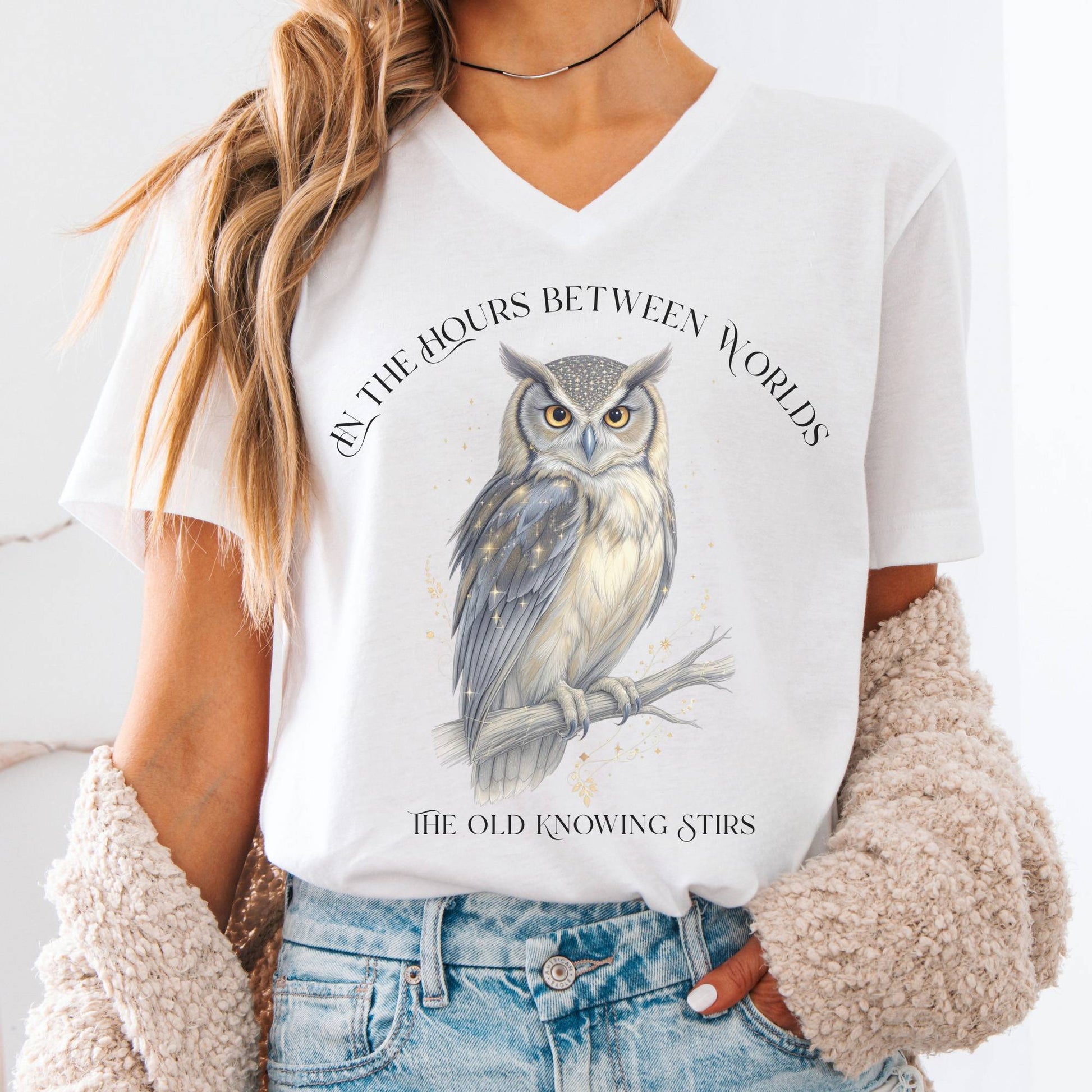 V-neck White / S The Old Knowing Stirs Mystical Owl V-Neck The Mystic Eden