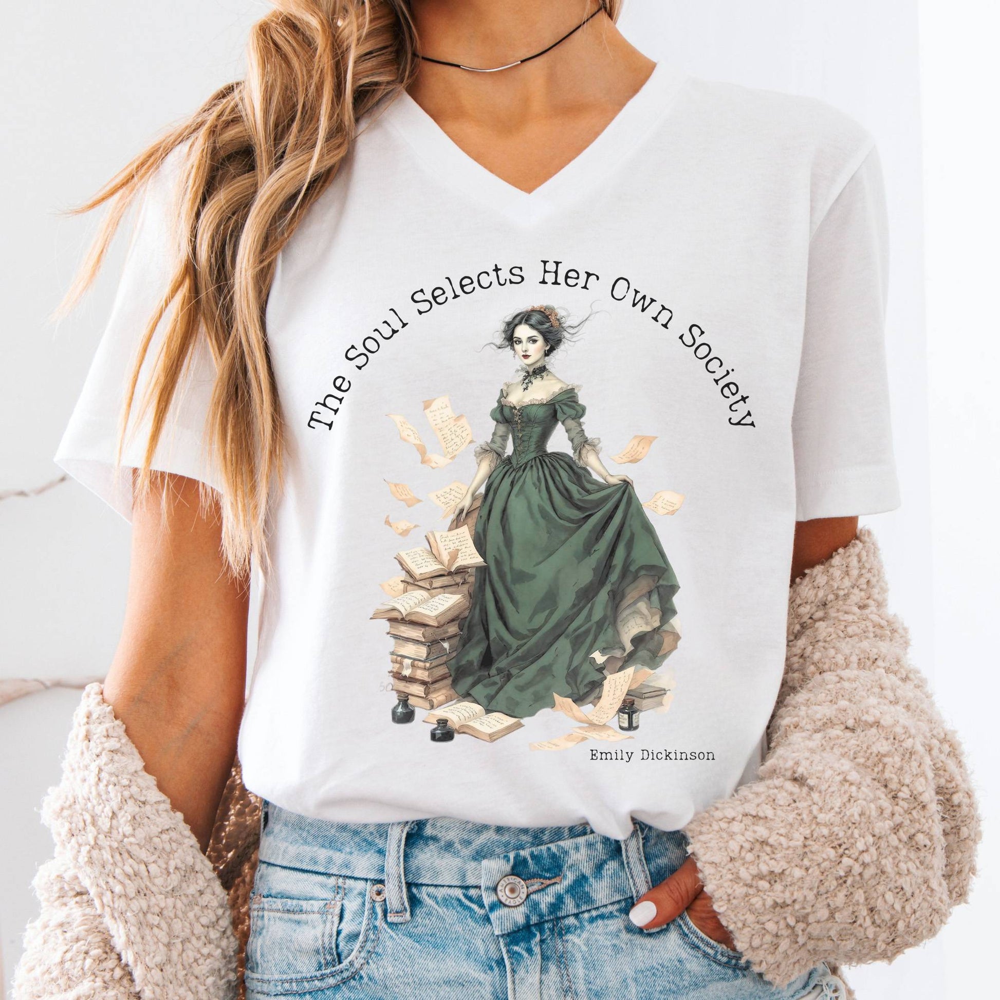V-neck White / S The Soul Selects Her Own Society Emily Dickinson V-neck The Mystic Eden