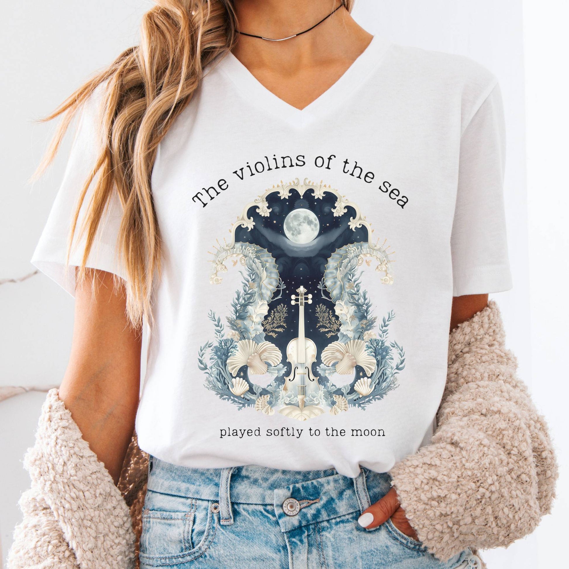 V-neck White / S The Violins of the Sea Played Softly to the Moon Poetry V-neck The Mystic Eden