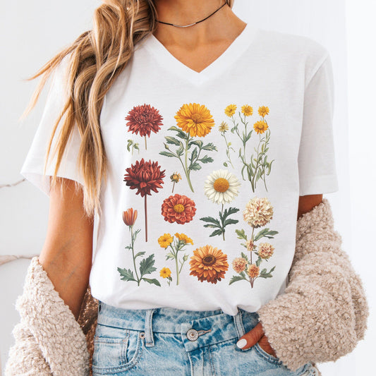 V-neck White / S Vintage Botanical Floral V-Neck Tee The Mystic Eden