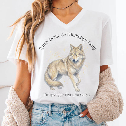 V-neck White / S When Dusk Gathers Her Gold Mystical Wolf V-Neck The Mystic Eden